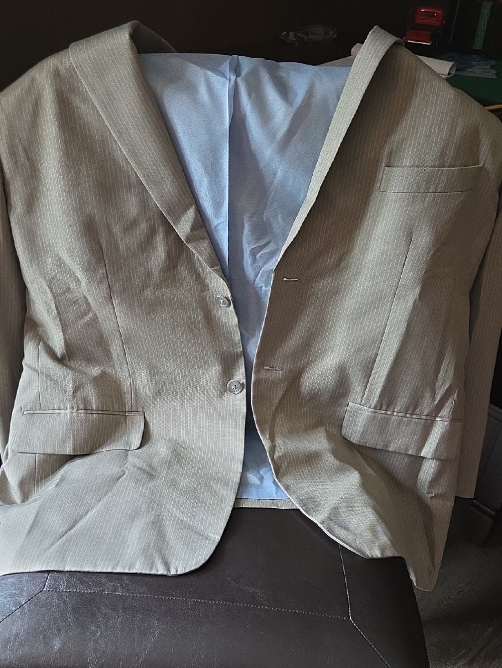jf j.ferrar Beige Pinstripe Sport Coat with Light Blue Lining
